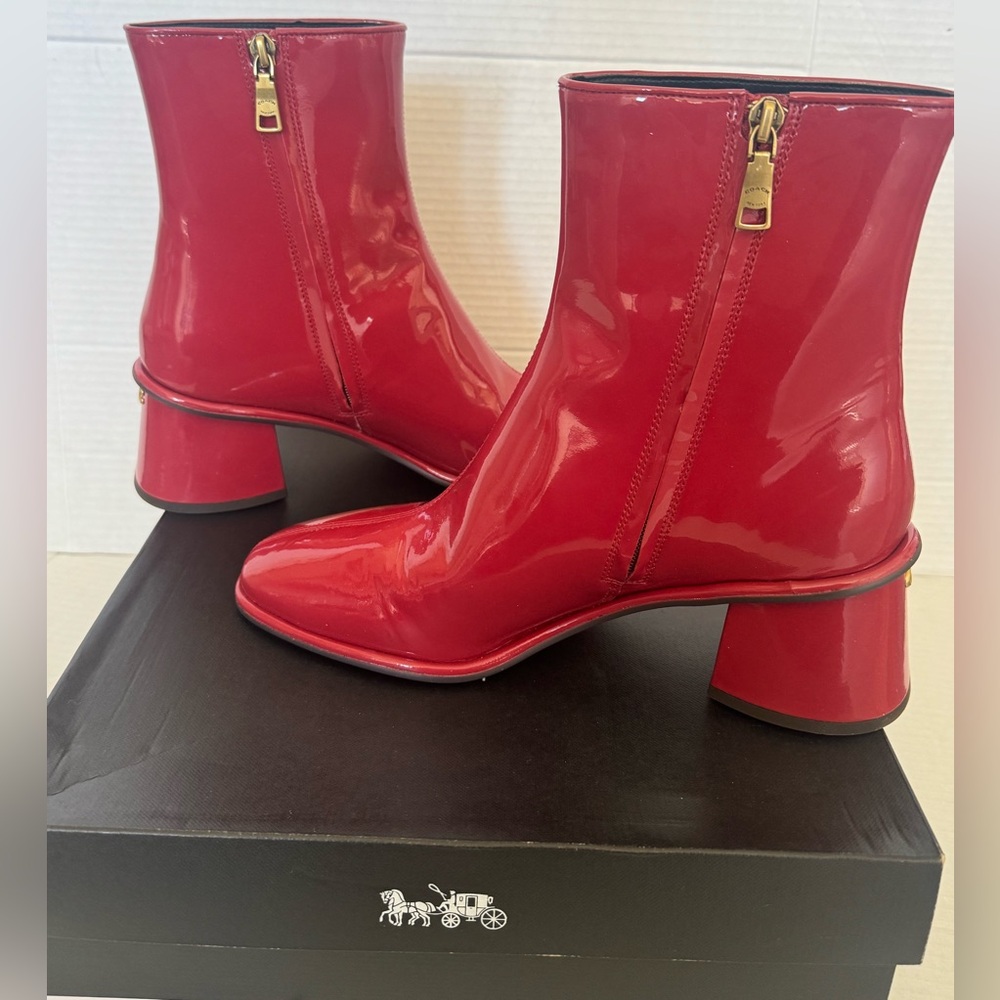 Coach Red Patent Leather Mid Heel Ankle Boots